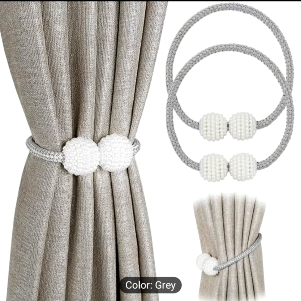 🔥 NWT Elegant Curtain tiebacks Grey threads with pearl magnetic holders - 1 pk